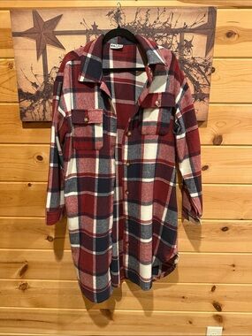 Katydid Red, Navy & White Plaid Button-Down Shirt Jacket/Dress with pockets